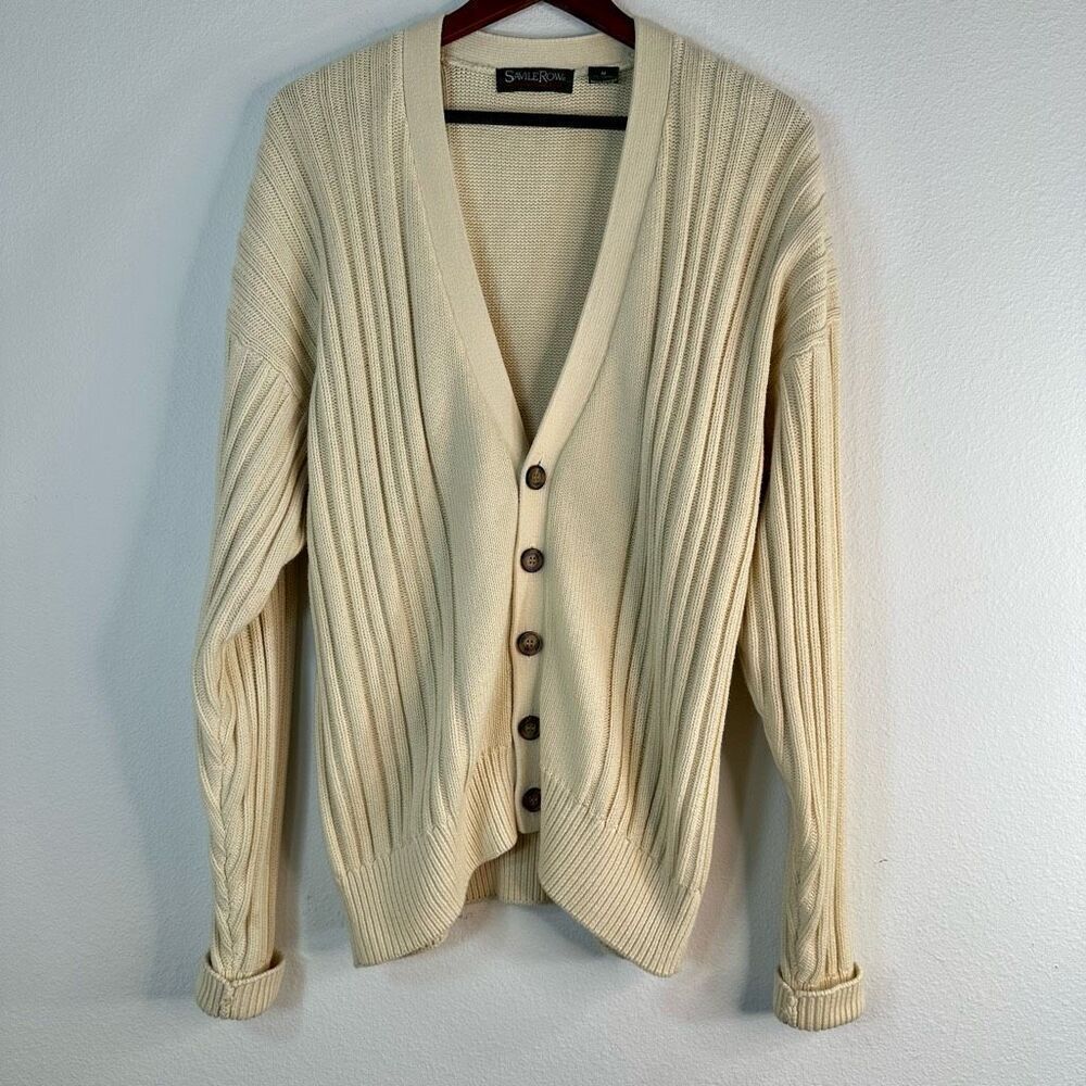 Vintage‎ Savile Row Men's Cream Ribbed Knit Cardigan Medium Heavyweight Cotton